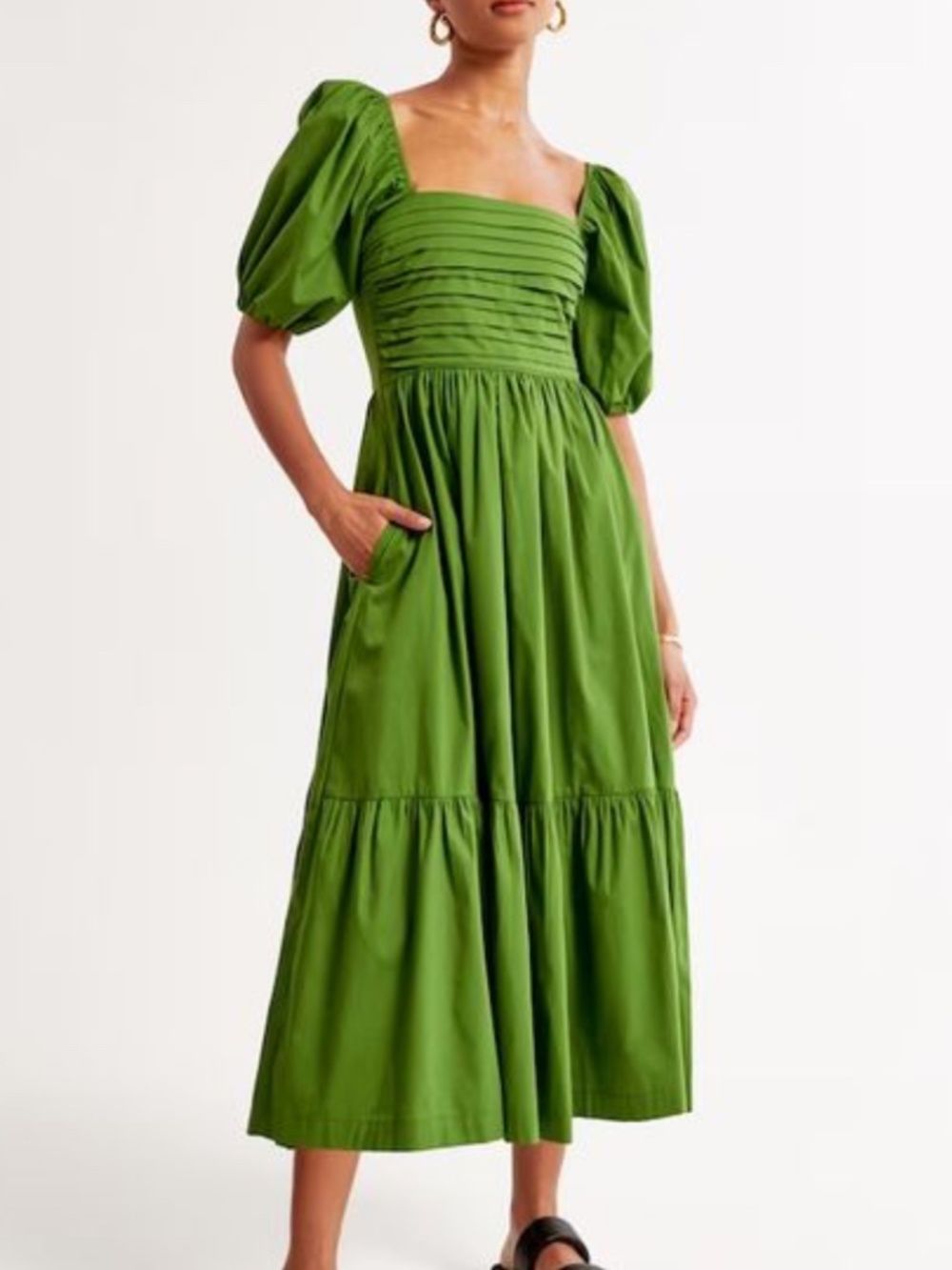 Abercrombie & Fitch Emerson Poplin Puff Sleeve Midi Dress MT Cottagecore Smocked